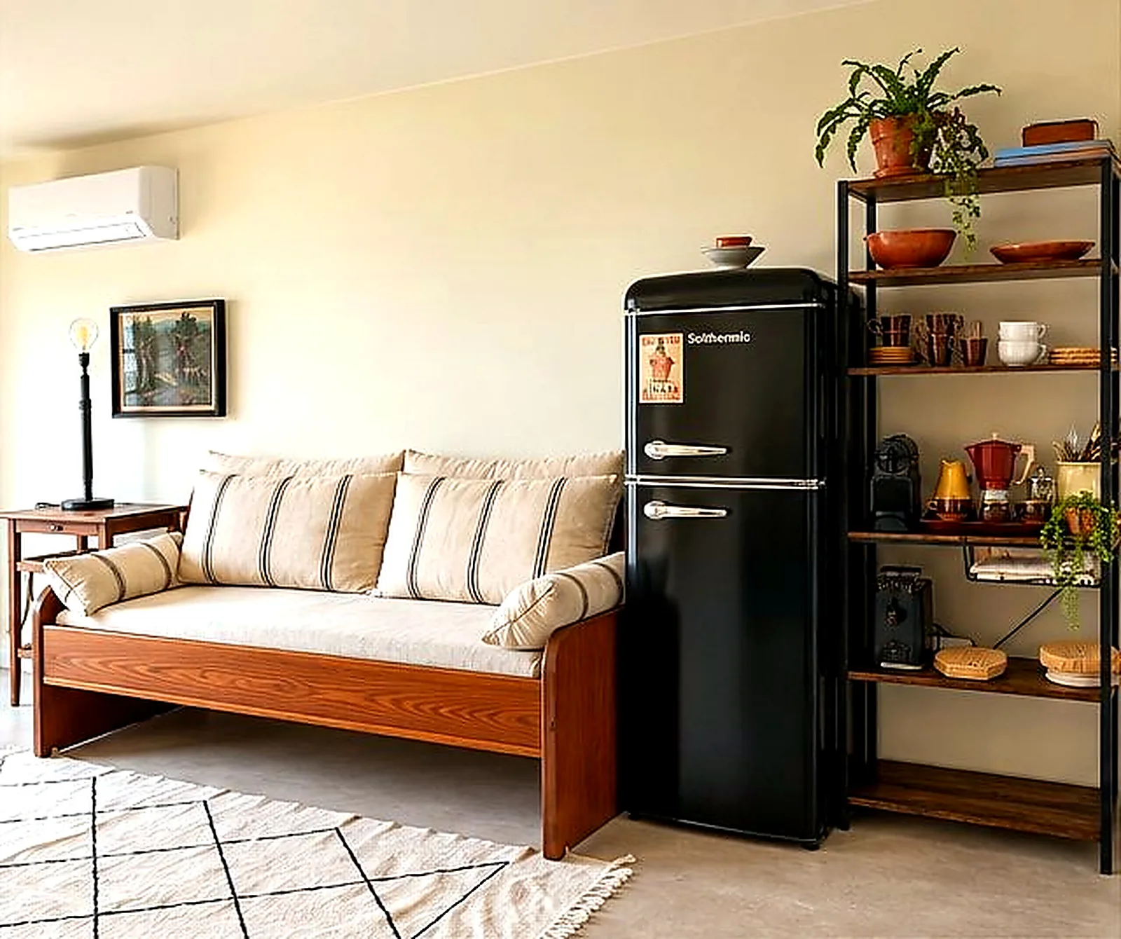 Sala da Prima, sofá-cama e prateleira com cantinho de café